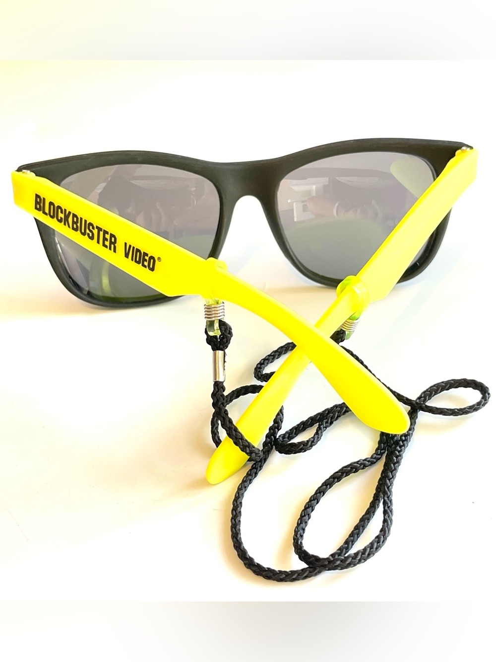 Vintage Neon Yellow Blockbuster Sunglasses promo croakie string holder